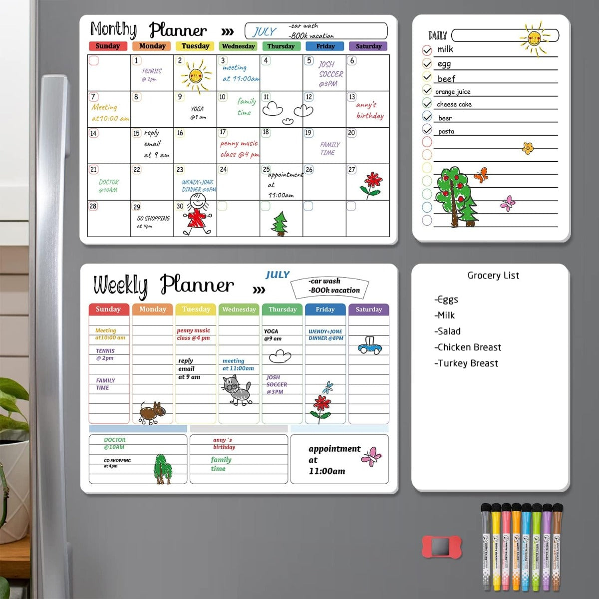 Hivillexun Magnetic Dry-Erase Calendar Whiteboard Set (4-Pack)