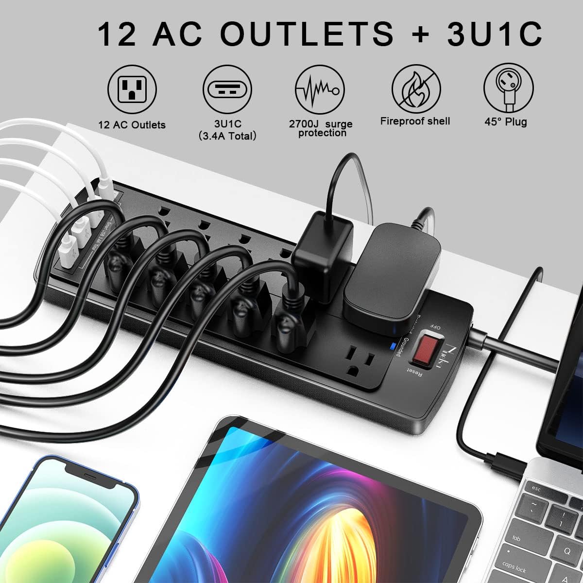 Power board, Nuetsa Surge Protector, 2700 joules, ETL listed (black)
