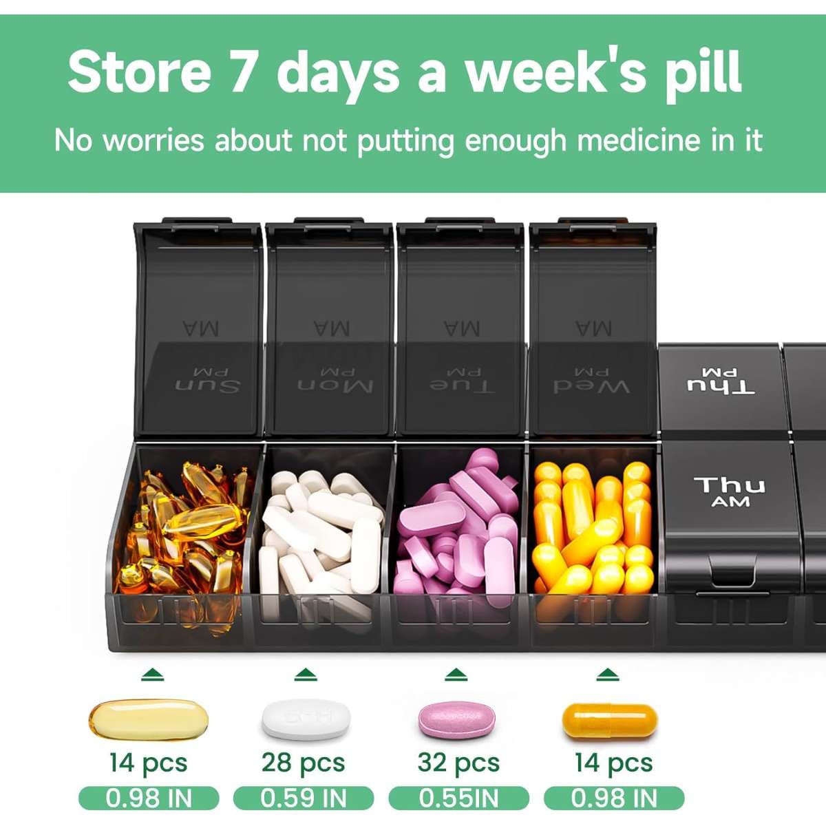 7 days Oversized Pill Box Oversized Daily Pill Box, Large Pill Box (black