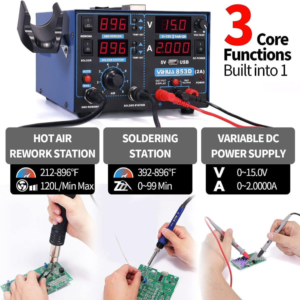 Yihua 853D 2A USB SMD hot air rework soldering iron station