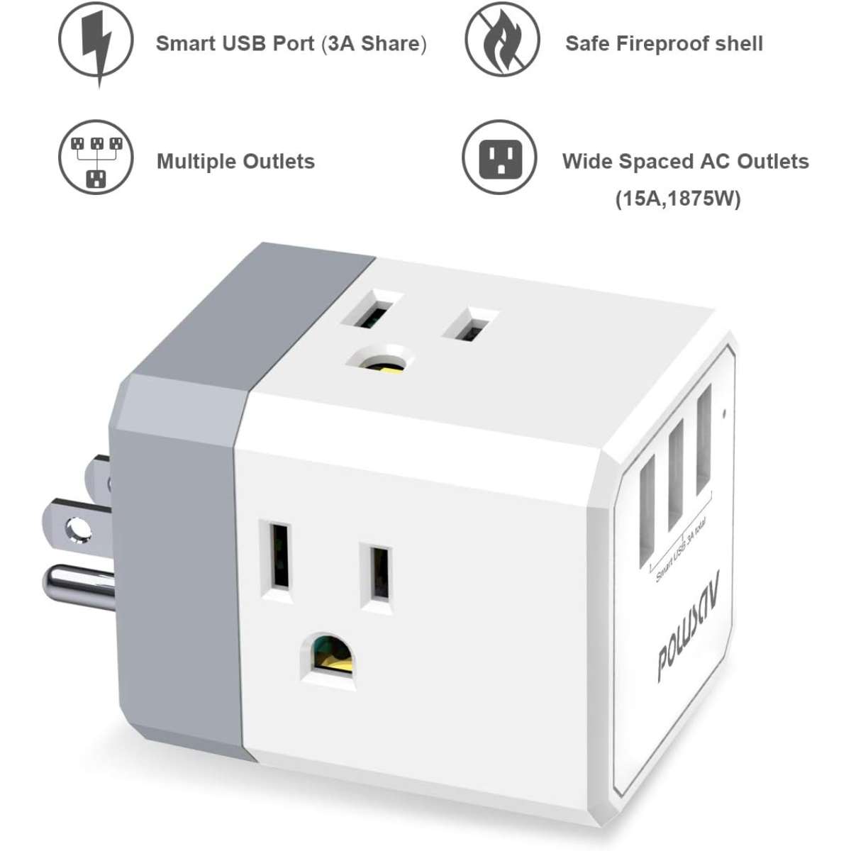 3-socket USB wall charger and extender with 3-way splitter