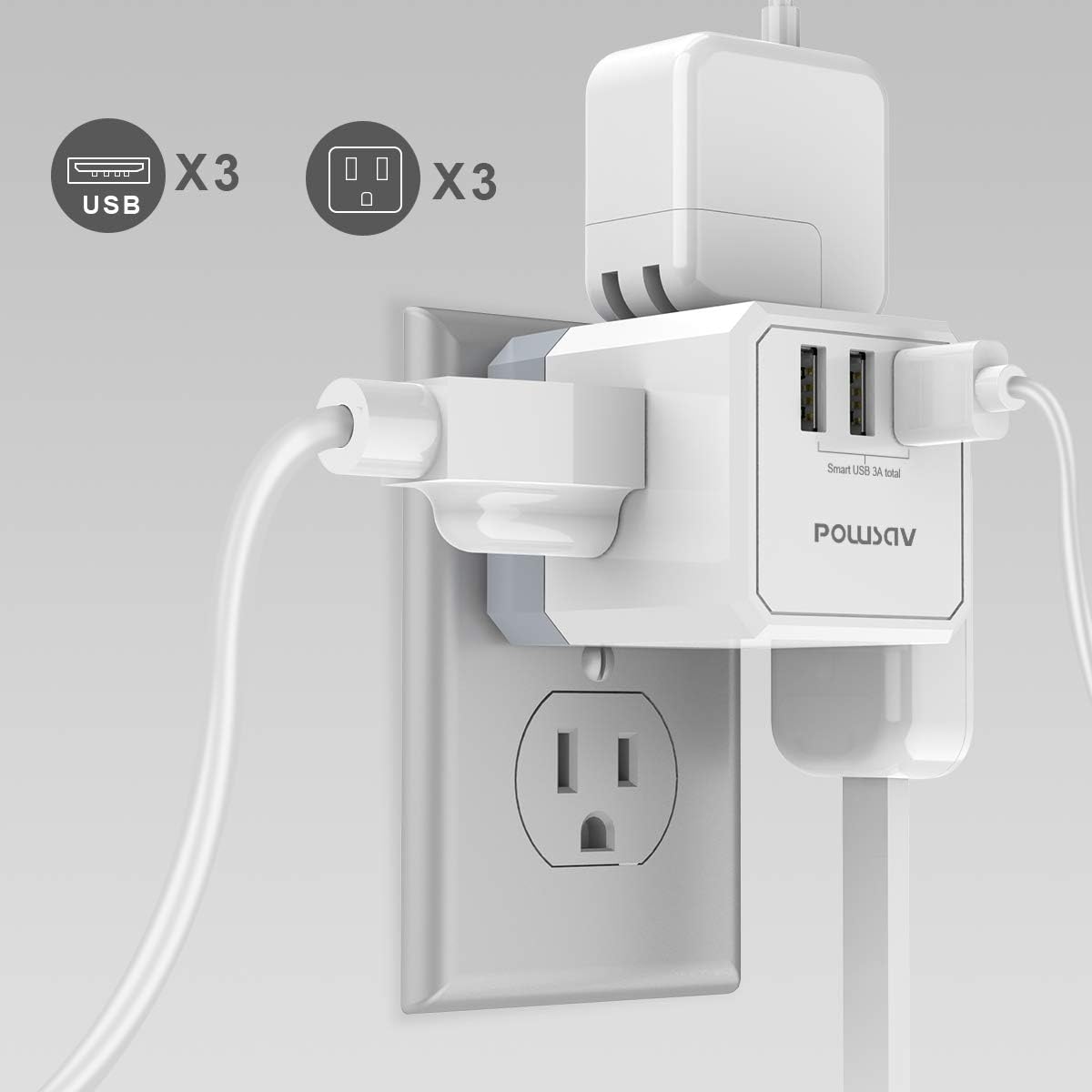 3-socket USB wall charger and extender with 3-way splitter
