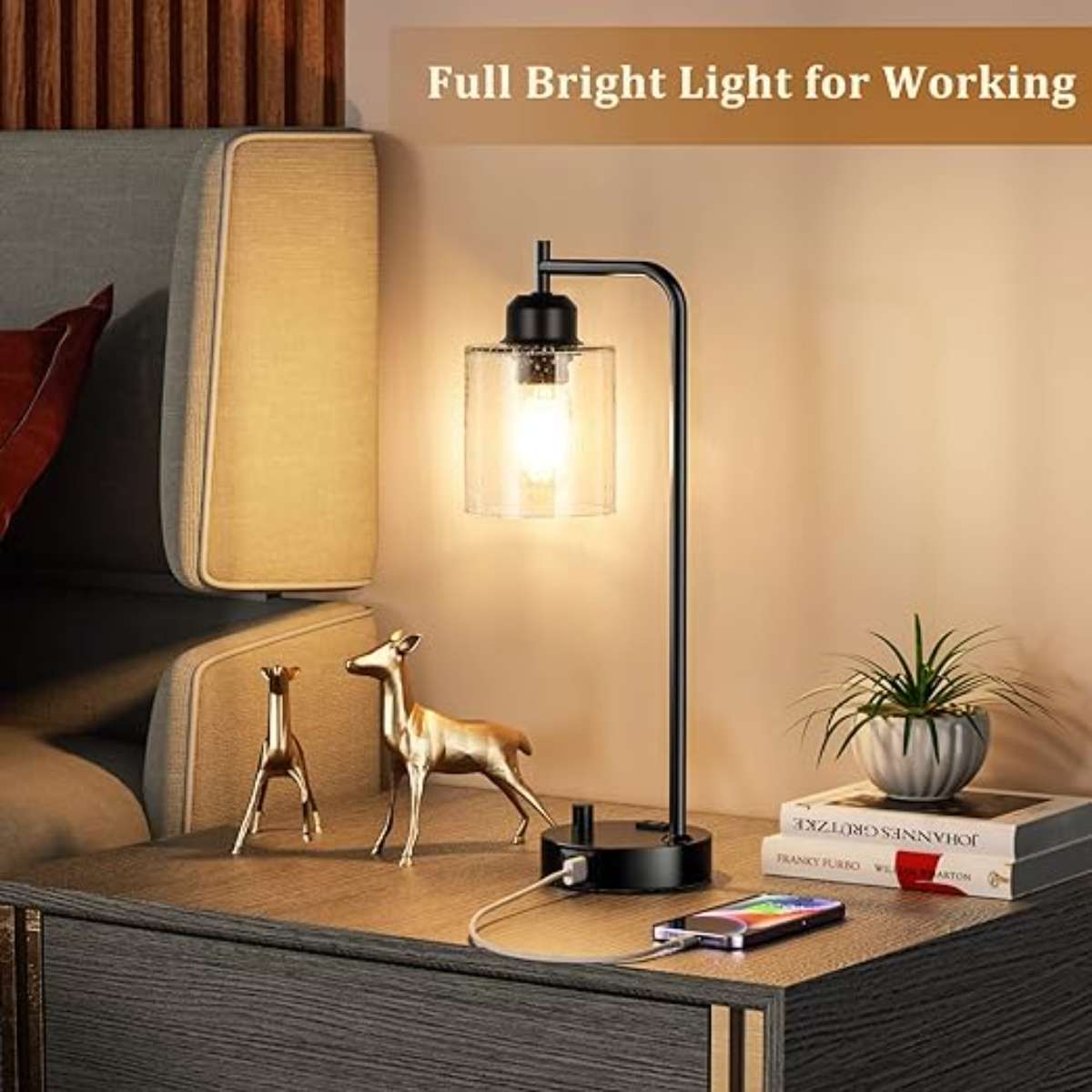 Industrial bedside table lamp for bedroom - Bedside table lamp with USB C charging port