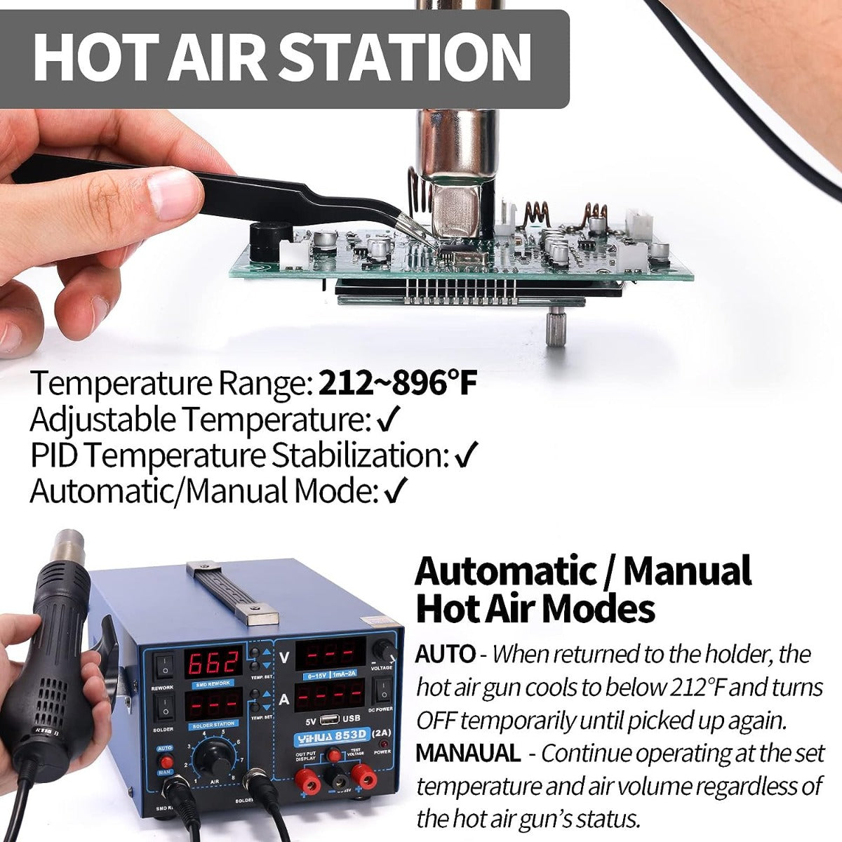 Yihua 853D 2A USB SMD hot air rework soldering iron station