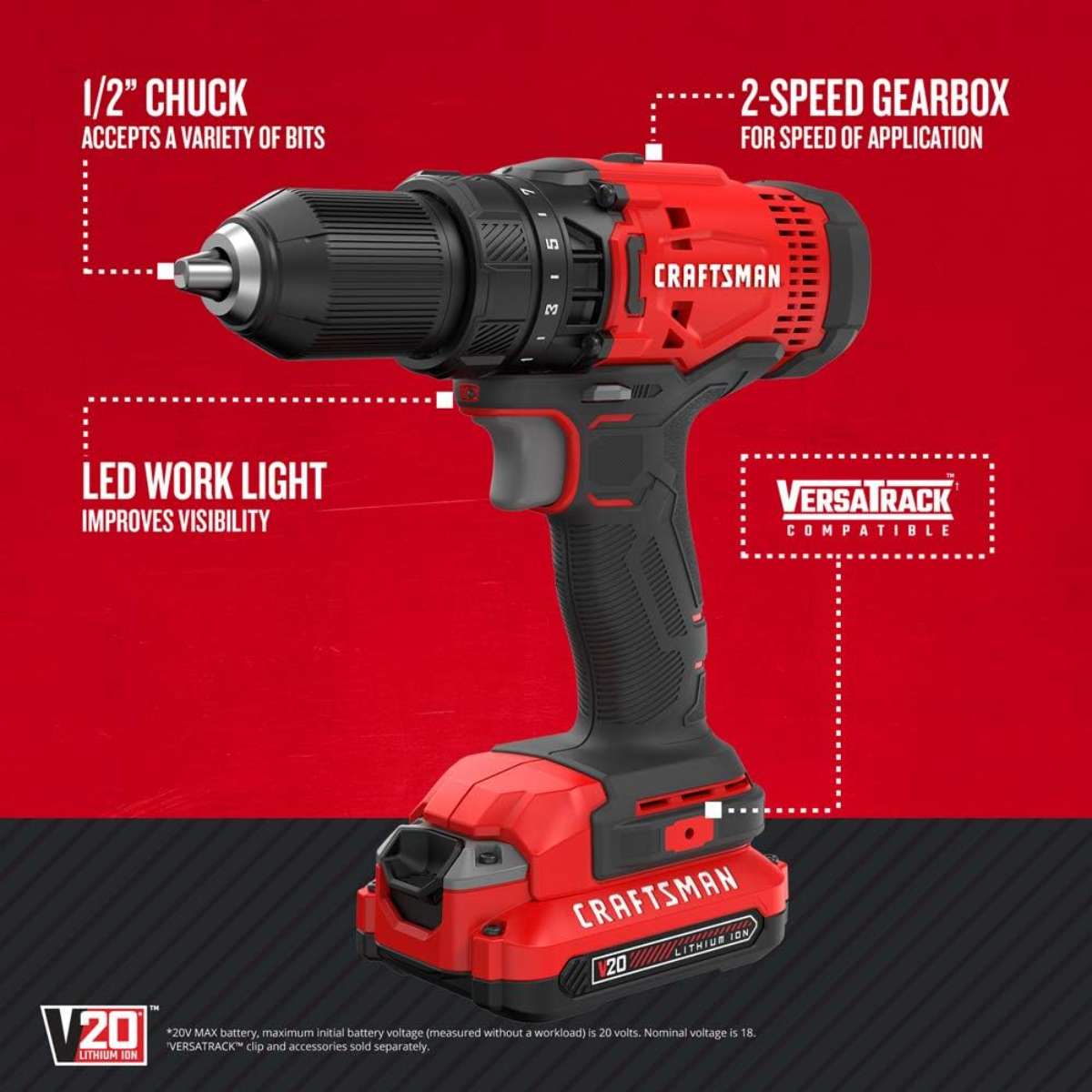 CRAFTSMAN V20 Cordless Power Drill (CMCD700C1)
