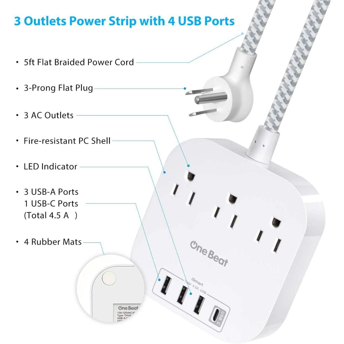 Power strip with USB C, 3 sockets 4 USB ports