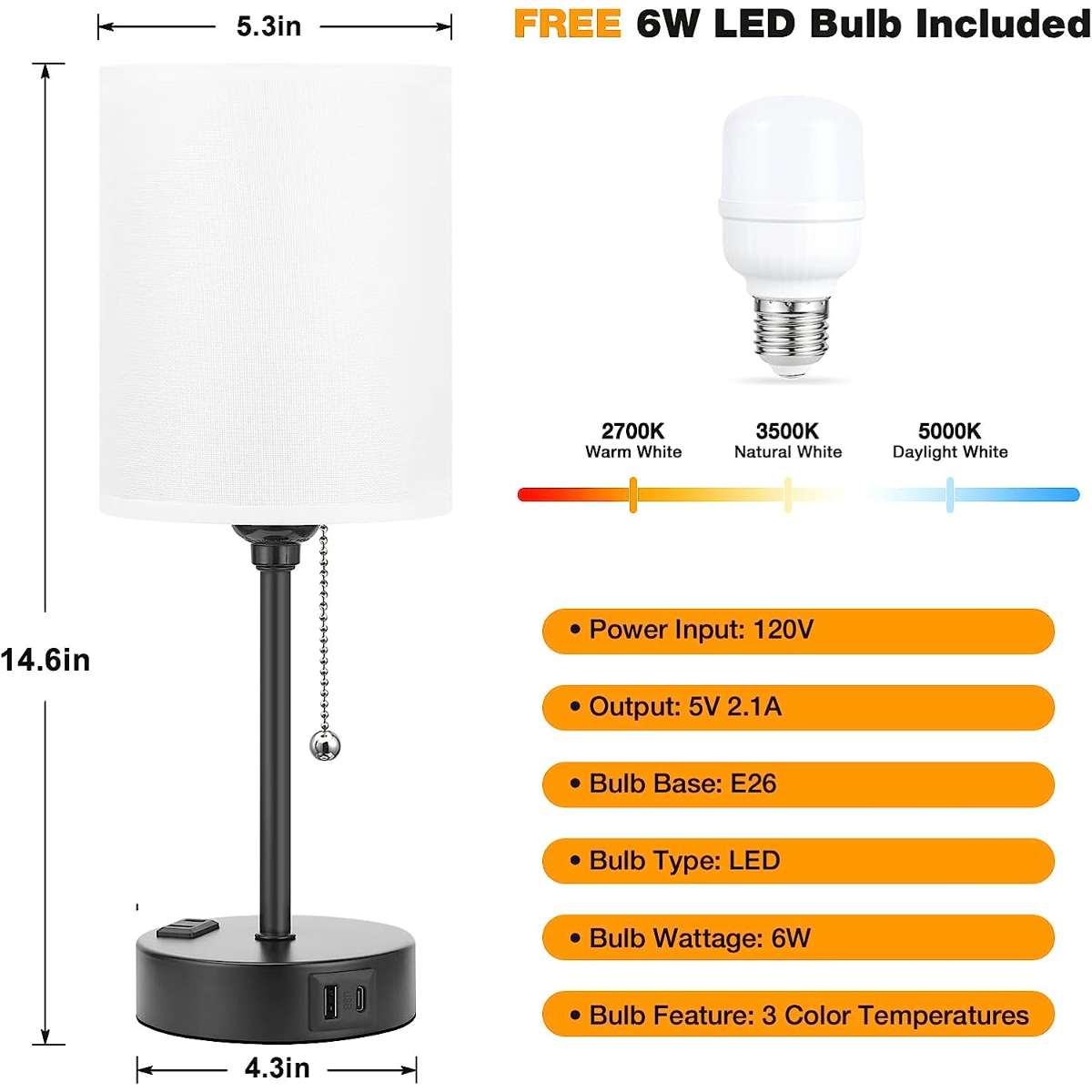 Small bedroom light with USB C and A ports 3 color temperatures