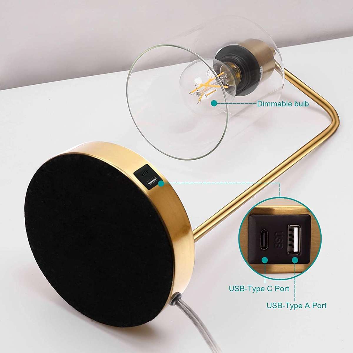 Gold industrial table lamp with 2 USB ports