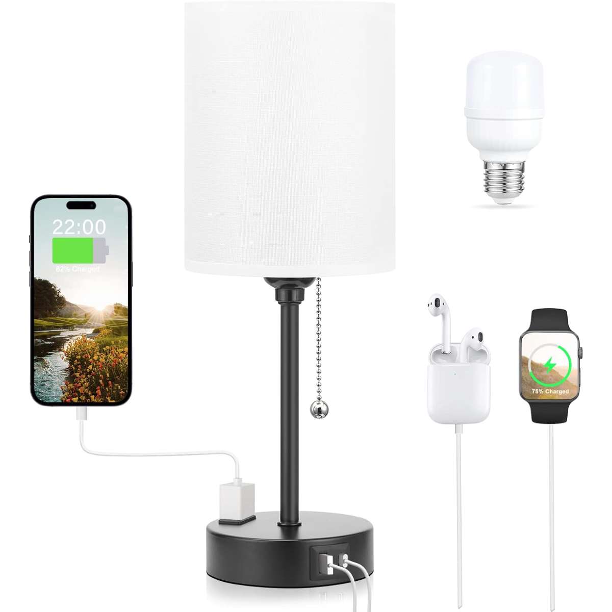Small bedroom light with USB C and A ports 3 color temperatures
