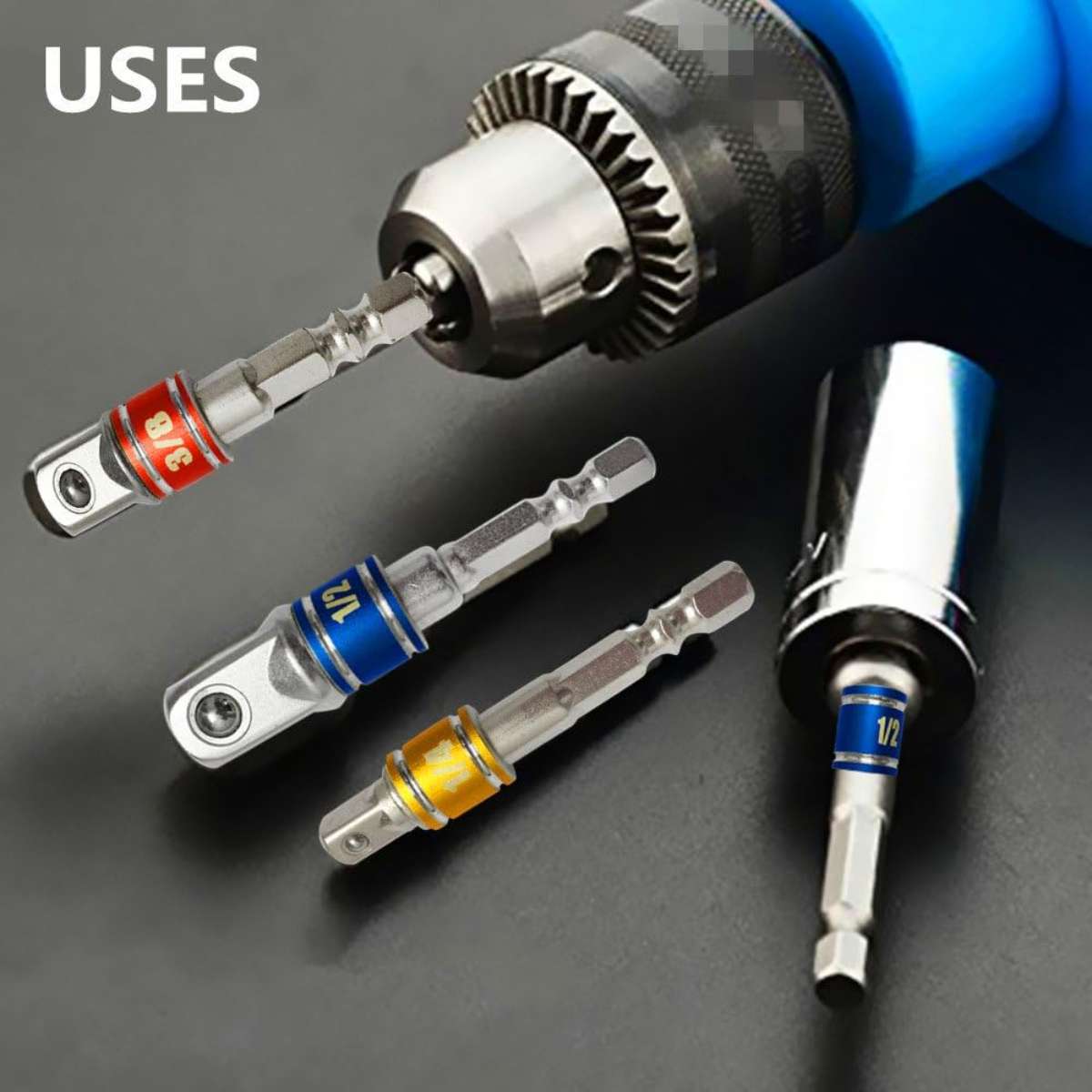 Impact-grade socket adapters/extension kits turn the drill into a high-speed nut driver