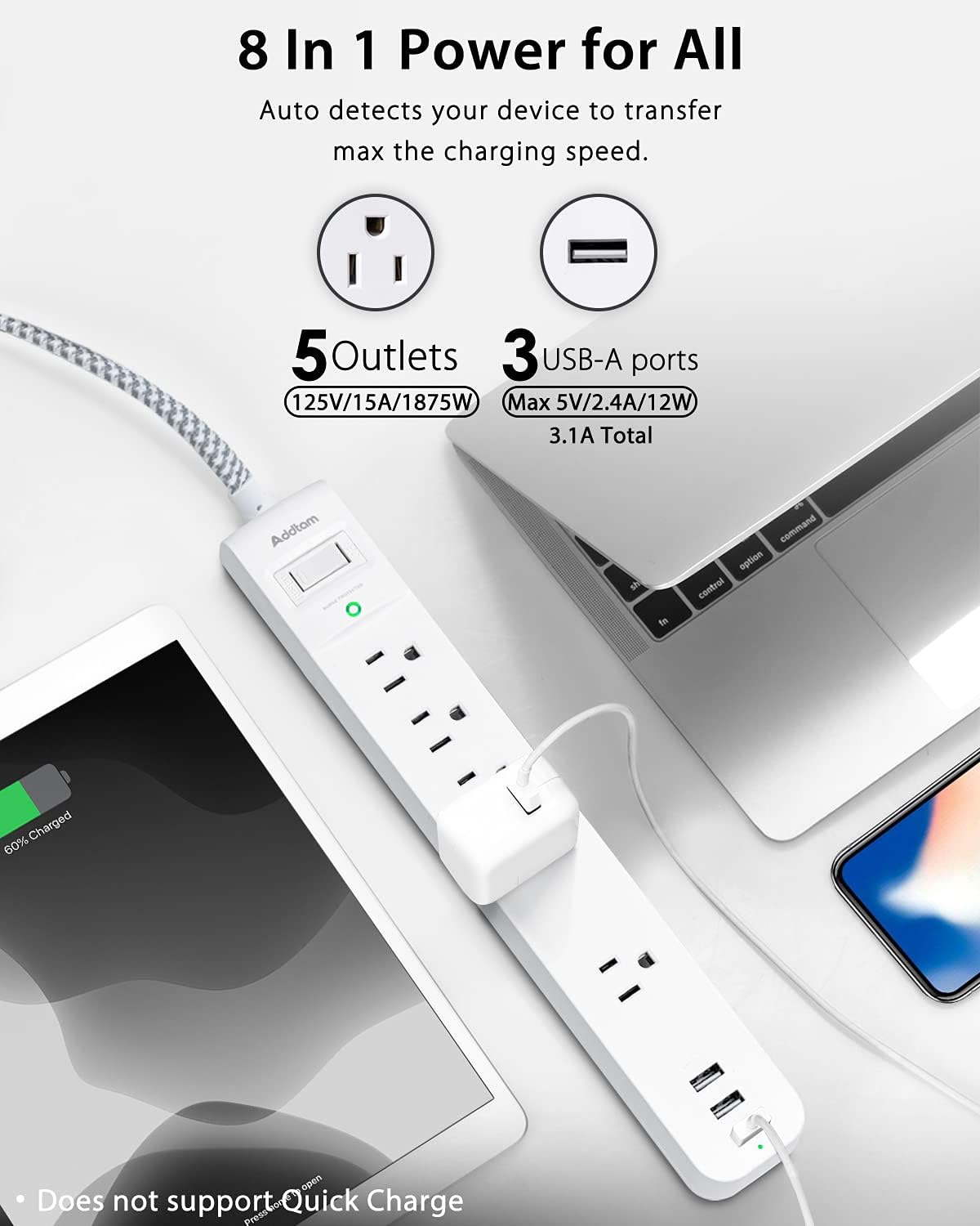 2 Pack Power Strip Surge Protectors - 5 pcs., white