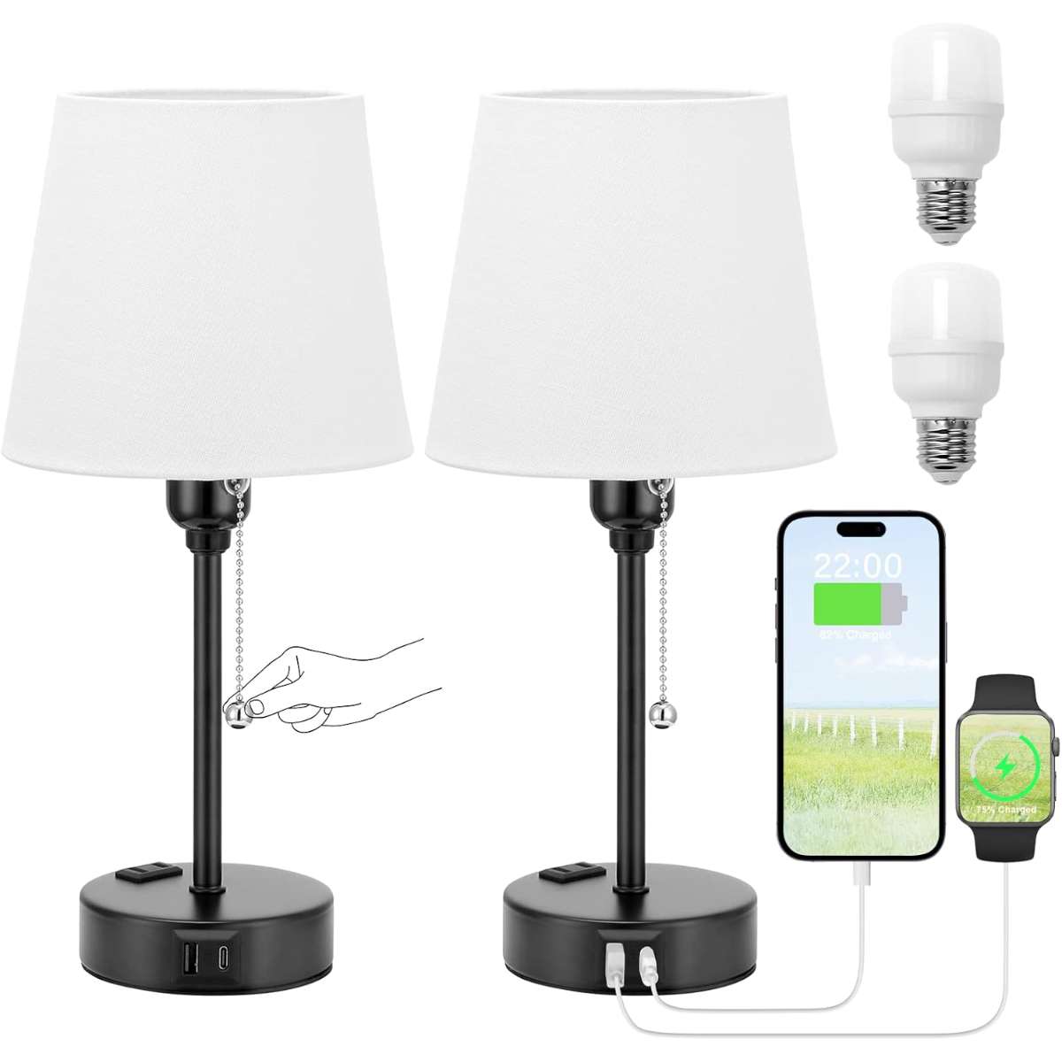 Bedroom bedside lamp, set of 2 with 3 color modes