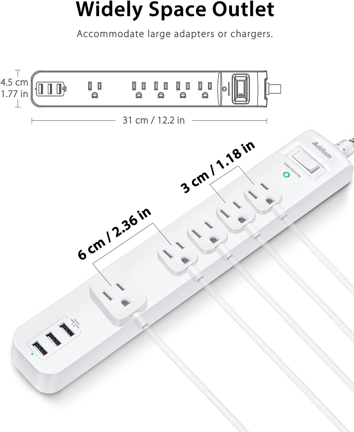 2 Pack Power Strip Surge Protectors - 5 pcs., white