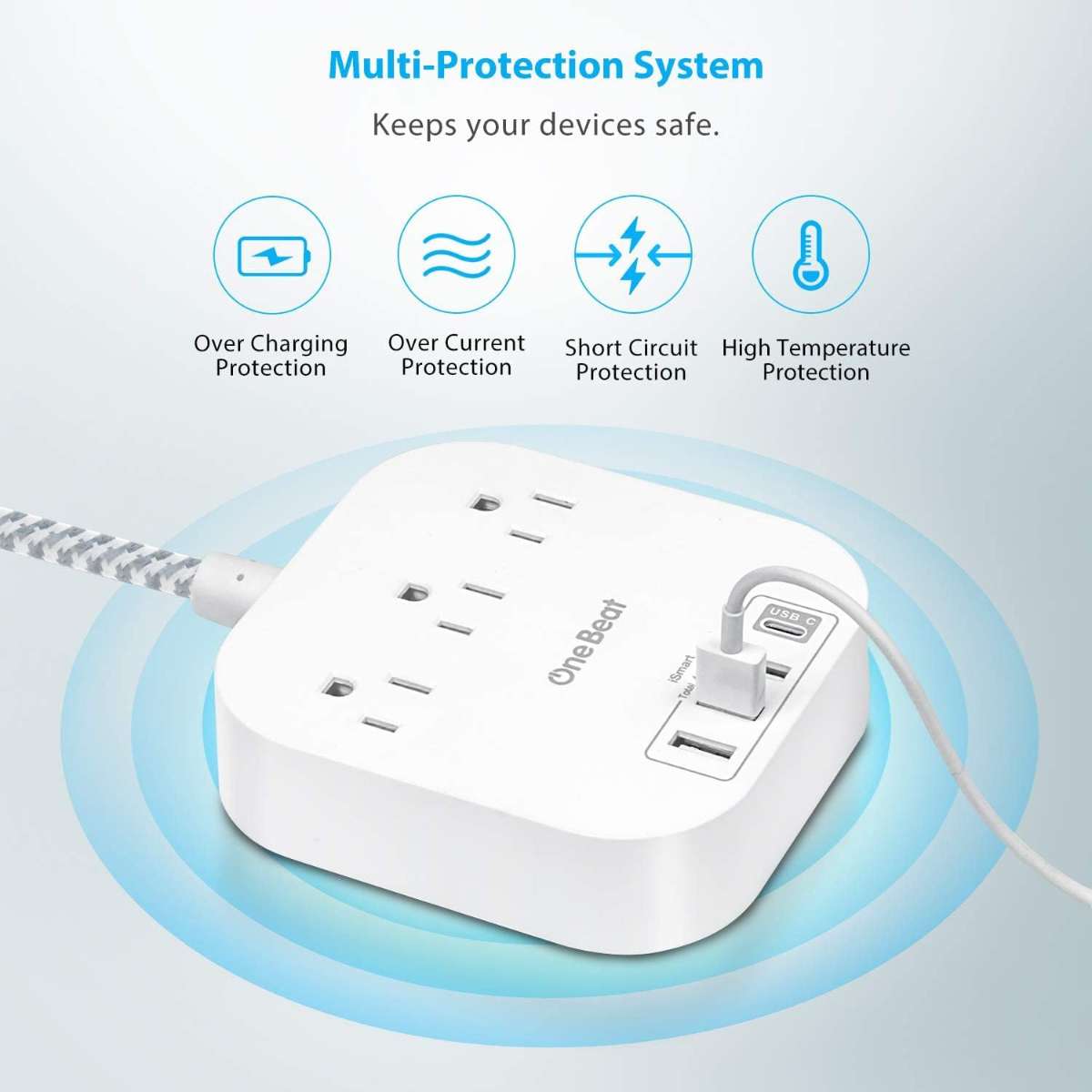 Power strip with USB C, 3 sockets 4 USB ports