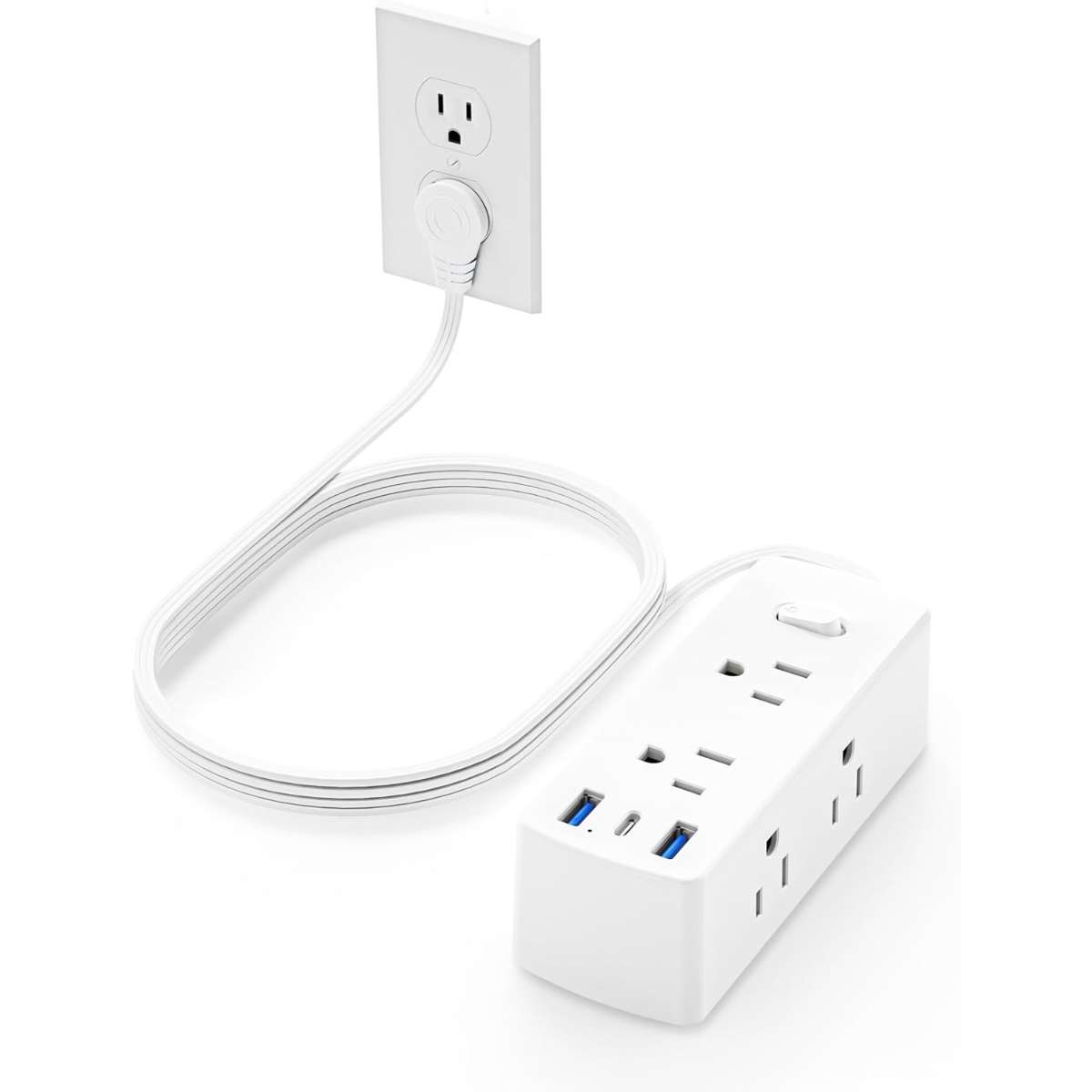 Flat Plug Power Strip, Olcorife Flat Extension Cord 5 ft., White