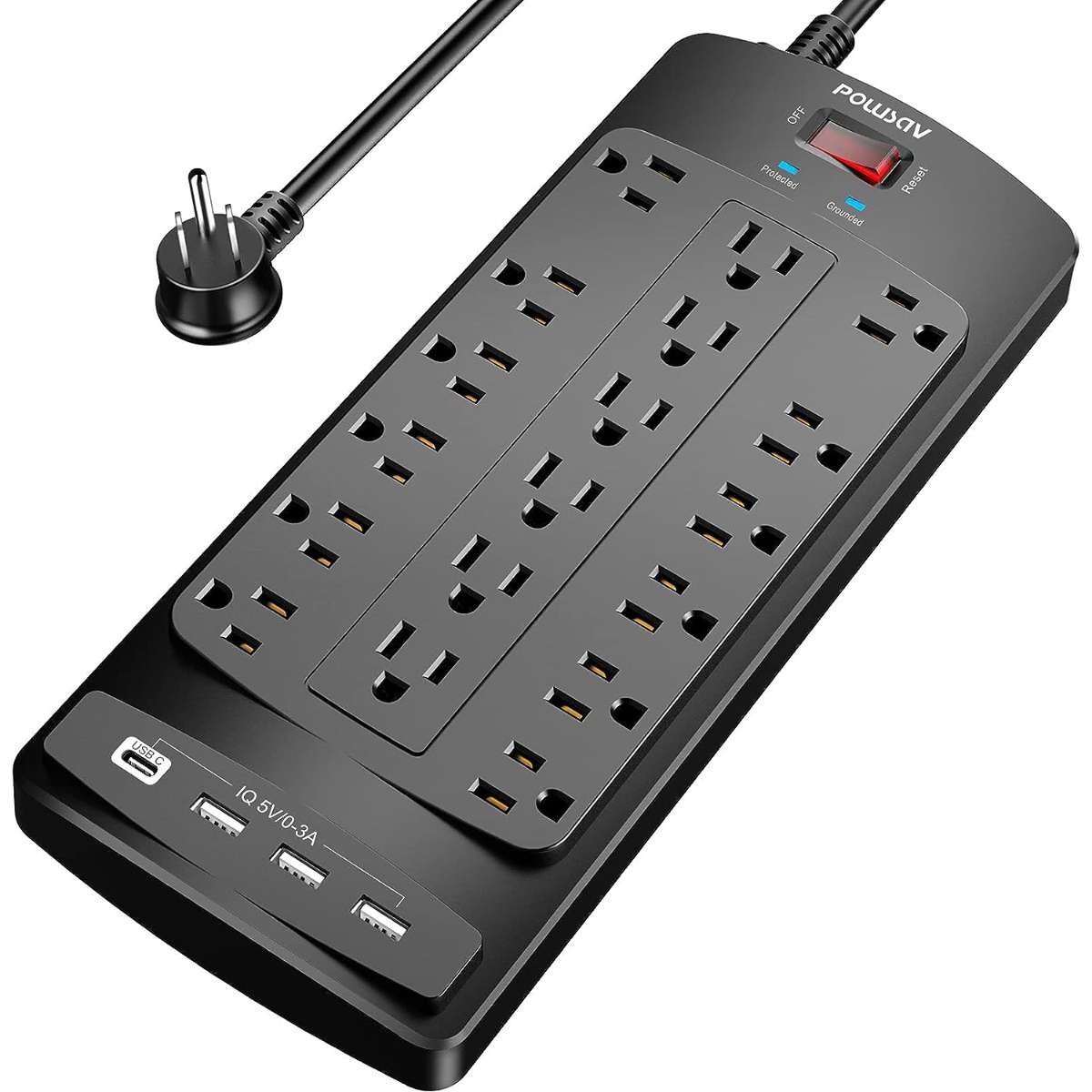 18 Socket Surge Protector Power Strip Black, ETL Certified