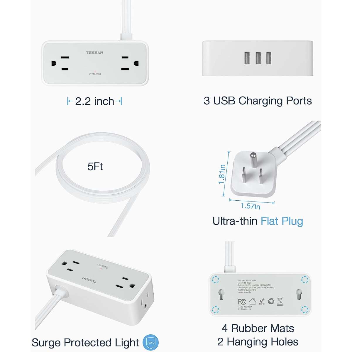 Slim 5-foot flat extension cord