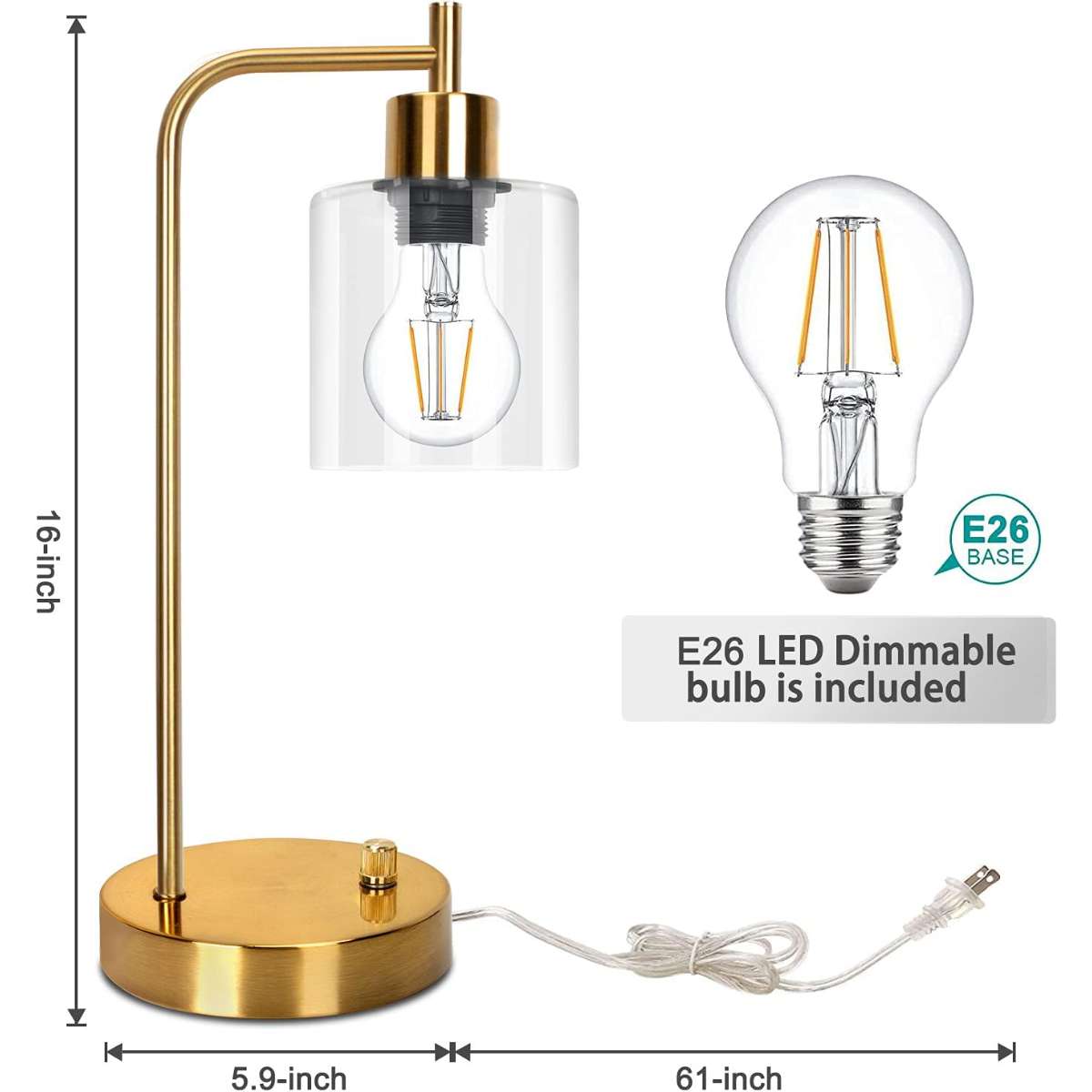 Gold industrial table lamp with 2 USB ports