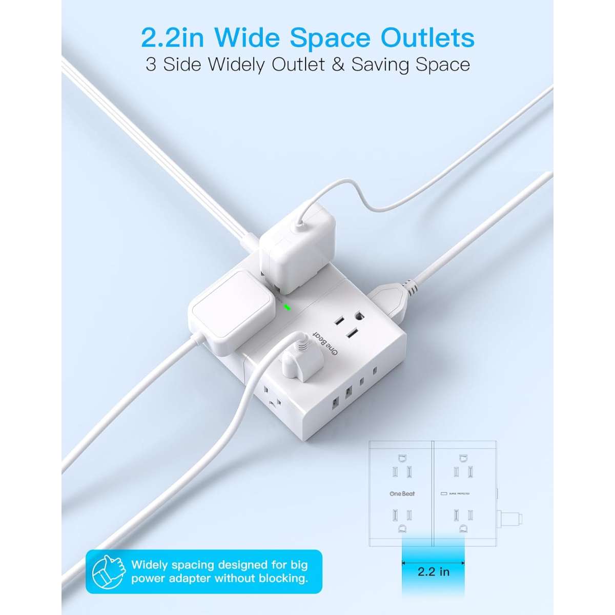 Surge Protector Power Strip, 5 Foot Flat Extension Cord Flat Plug