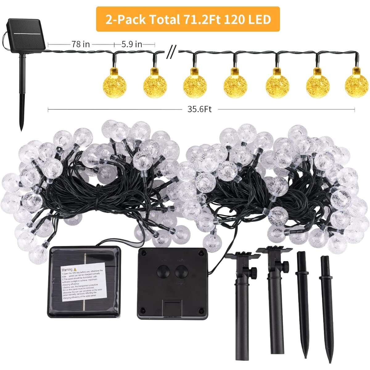 2 Pack of 120 LED 72FT Solar Lights Outdoor Waterproof