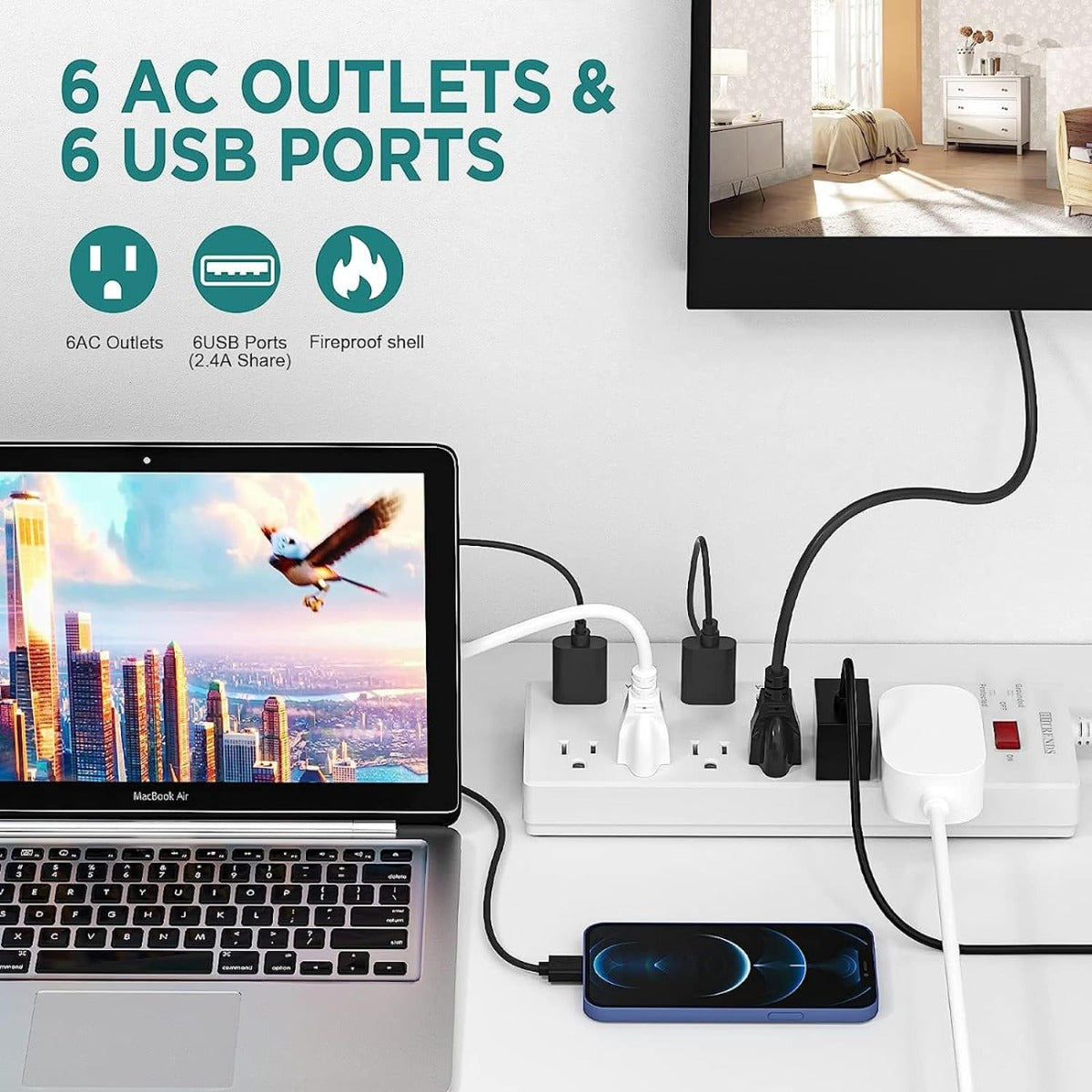 HITRENDS Surge Protector Power Strip (6 ft., white)
