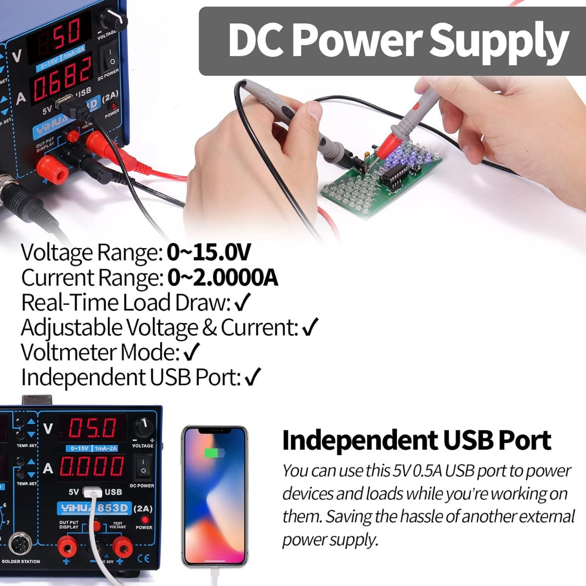 Yihua 853D 2A USB SMD hot air rework soldering iron station