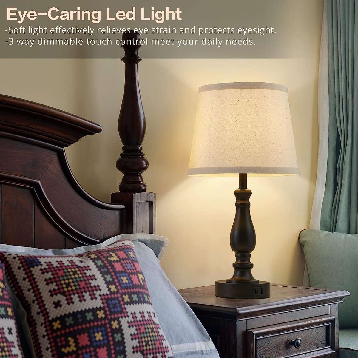 Bedroom light 2-piece set, touch bedside table lamp with USB port