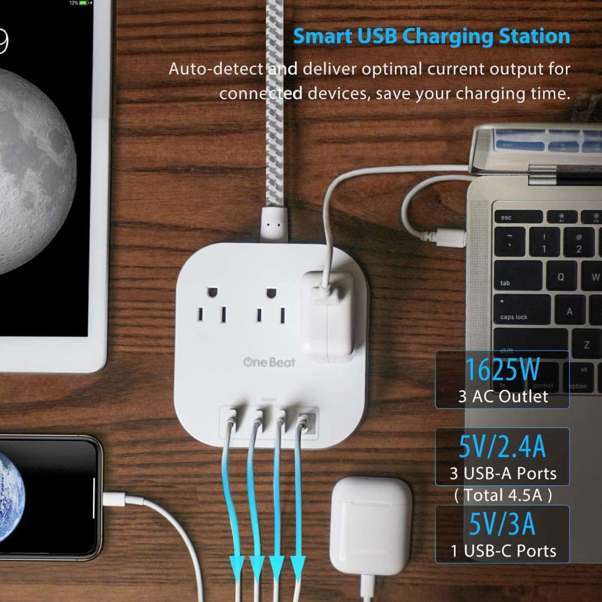 Power strip with USB C, 3 sockets 4 USB ports
