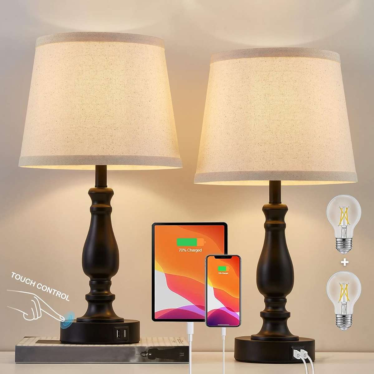 Bedroom light 2-piece set, touch bedside table lamp with USB port
