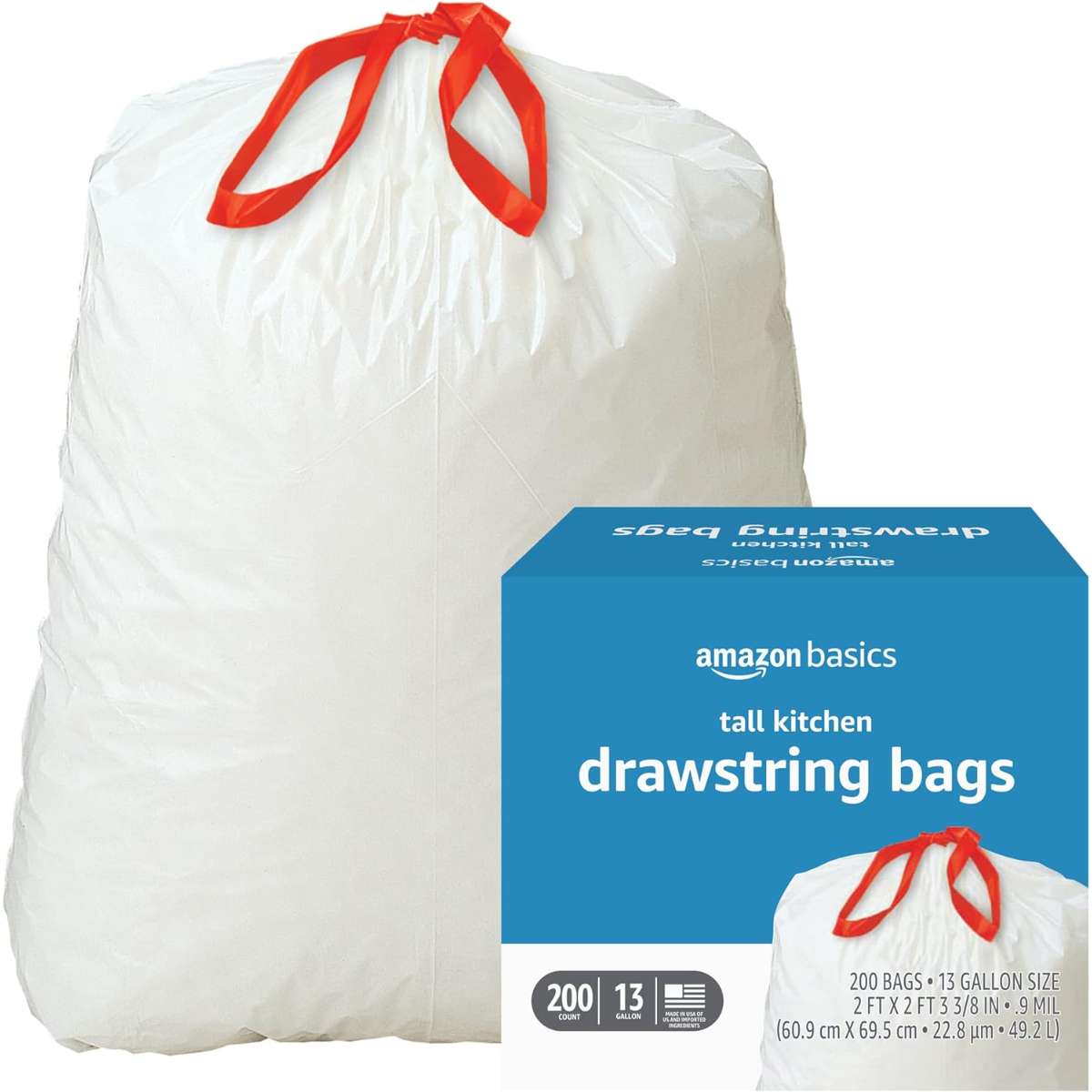 Amazon Basics Tall Kitchen Drawstring Trash Bags, 13 Gallon, 200 Count, Pack of 1