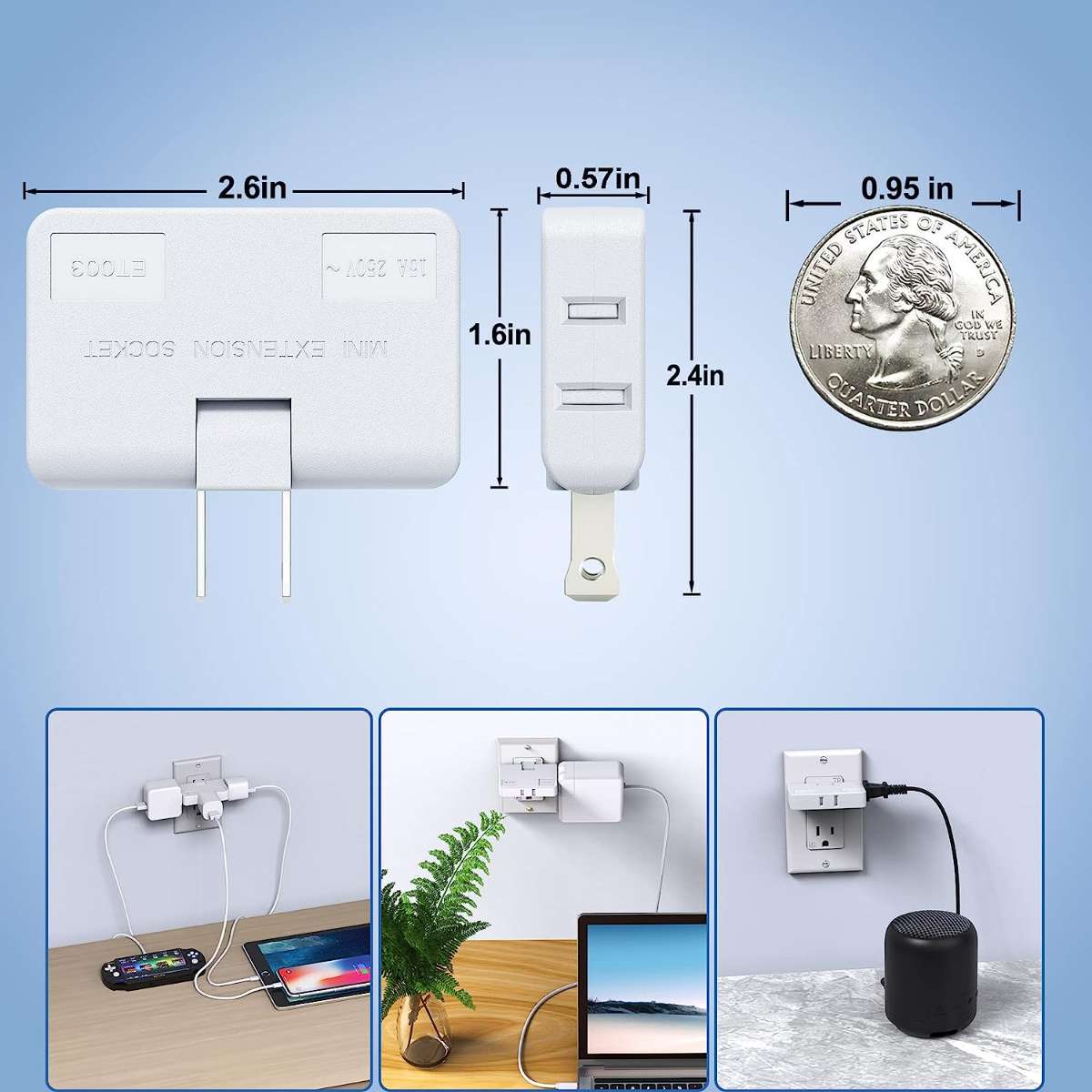 3-Way Flat Wall Outlet Extender AC Adapter, White (3-Pack)