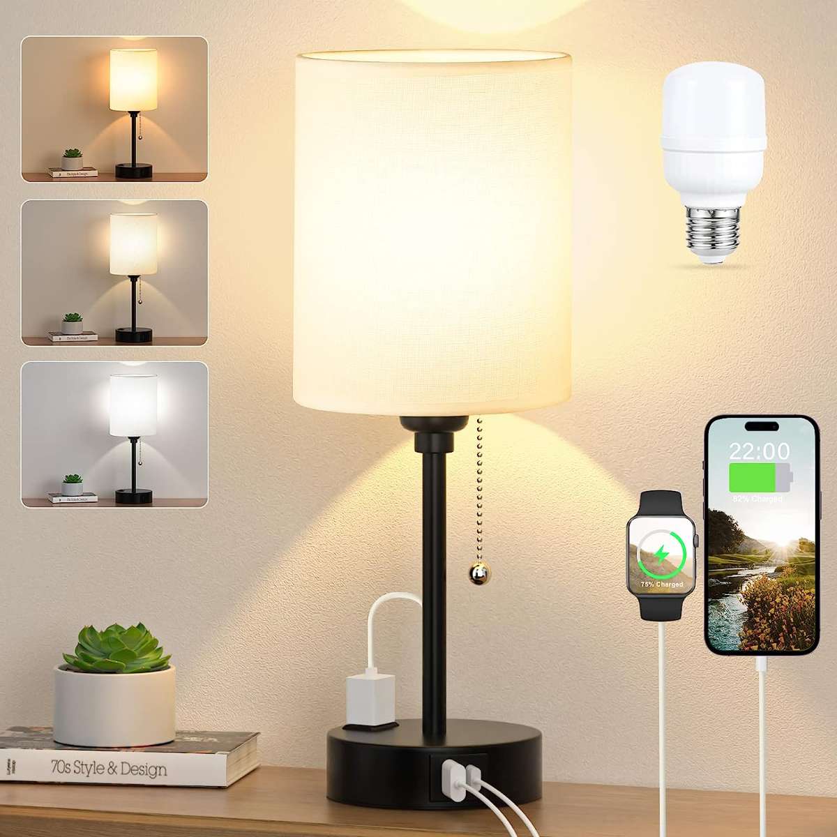 Small bedroom light with USB C and A ports 3 color temperatures