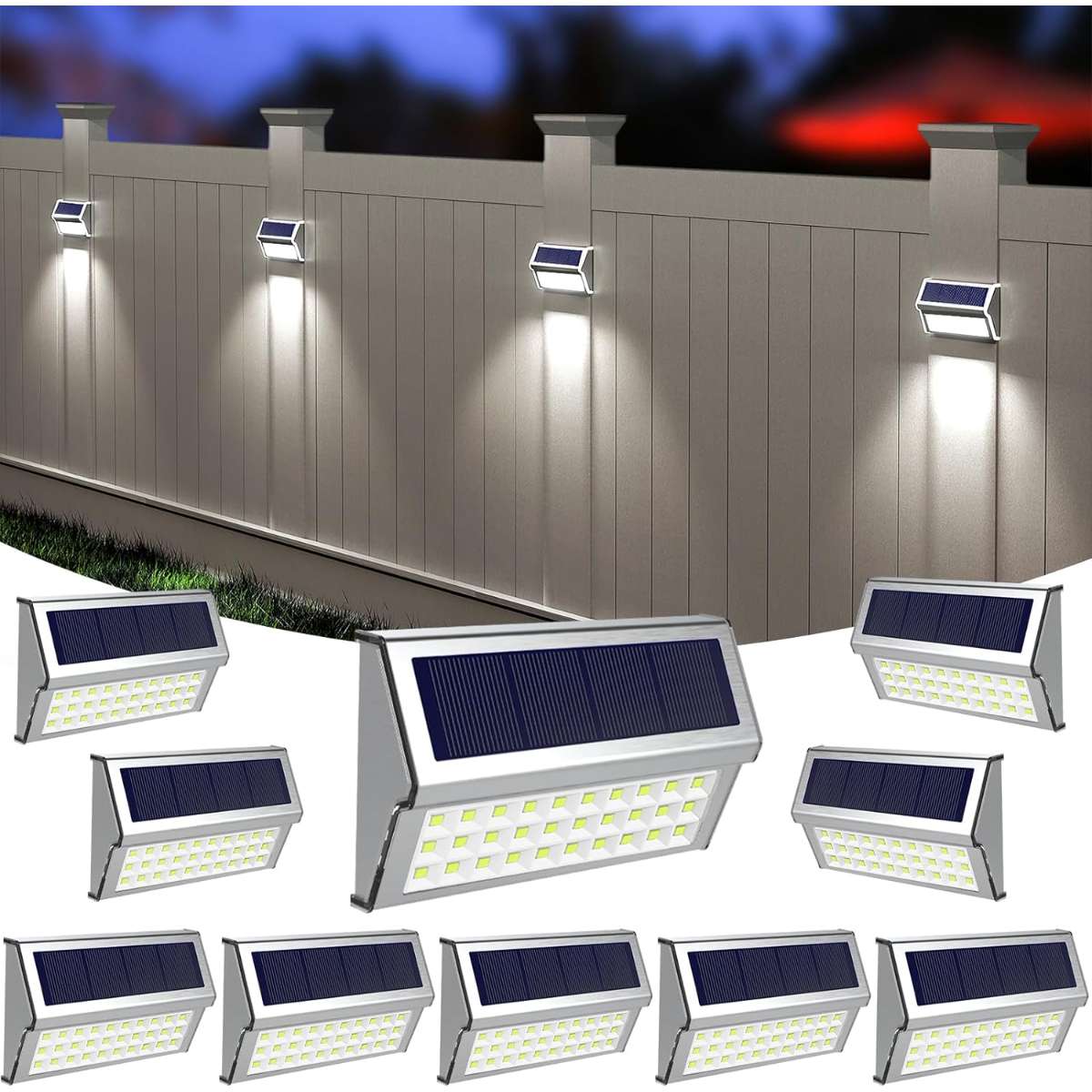 ROSHWEY Solar Outdoor Light, 10 Pack of 30 LED Fence Lights, Cool White Light
