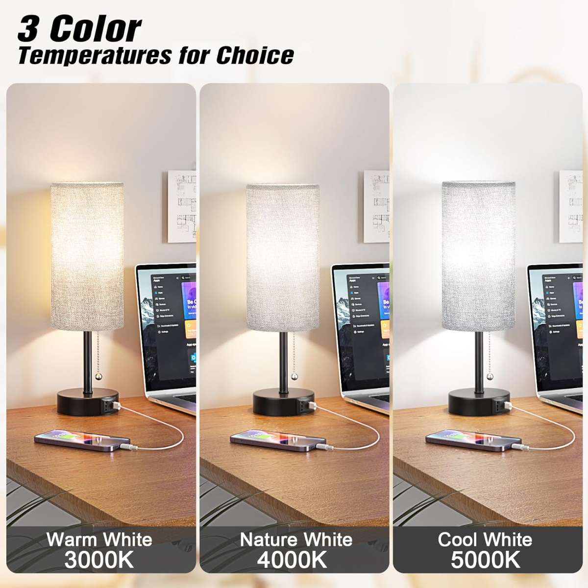 Bedroom bedside table grey bedside lamp with USB A + C charging port