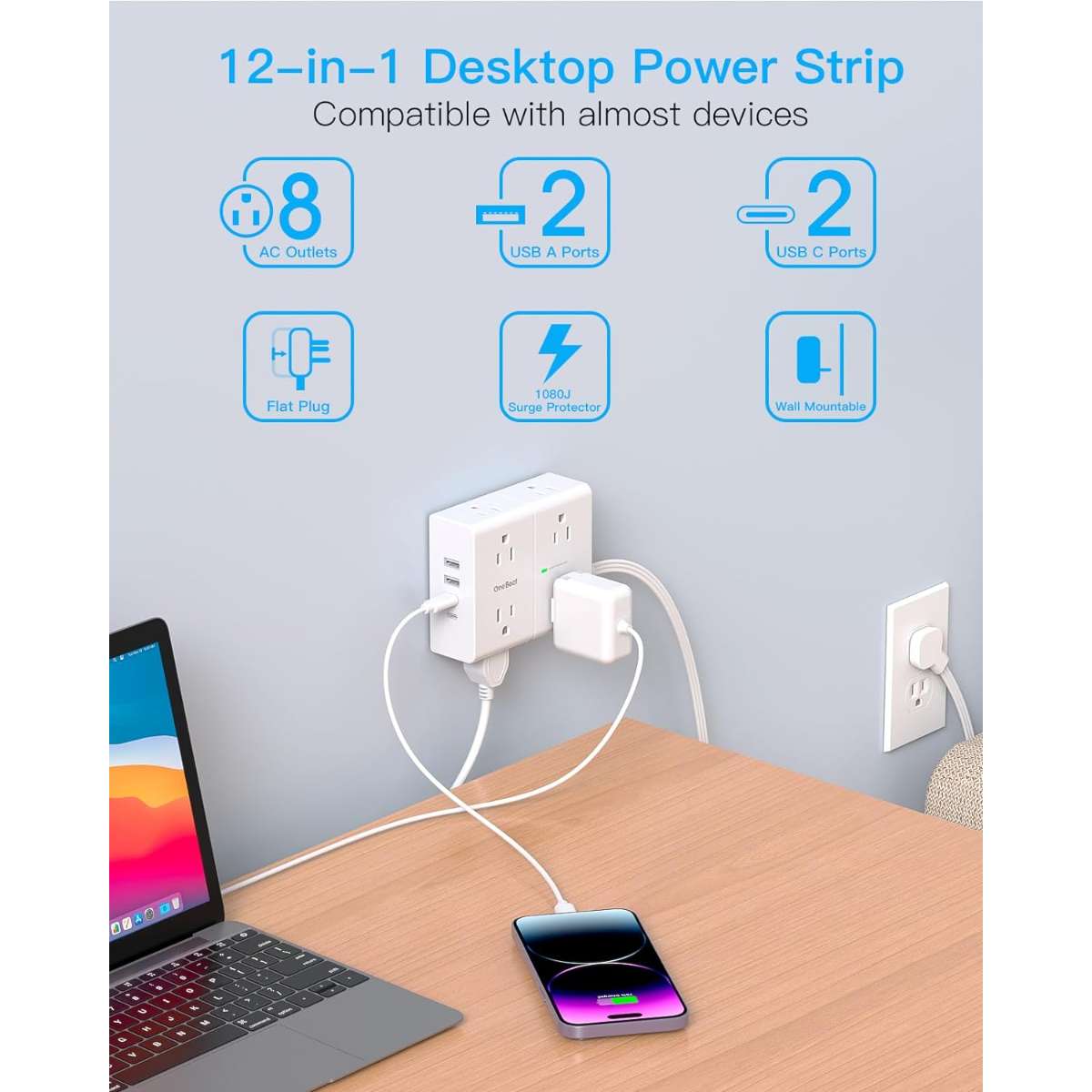 Surge Protector Power Strip, 5 Foot Flat Extension Cord Flat Plug