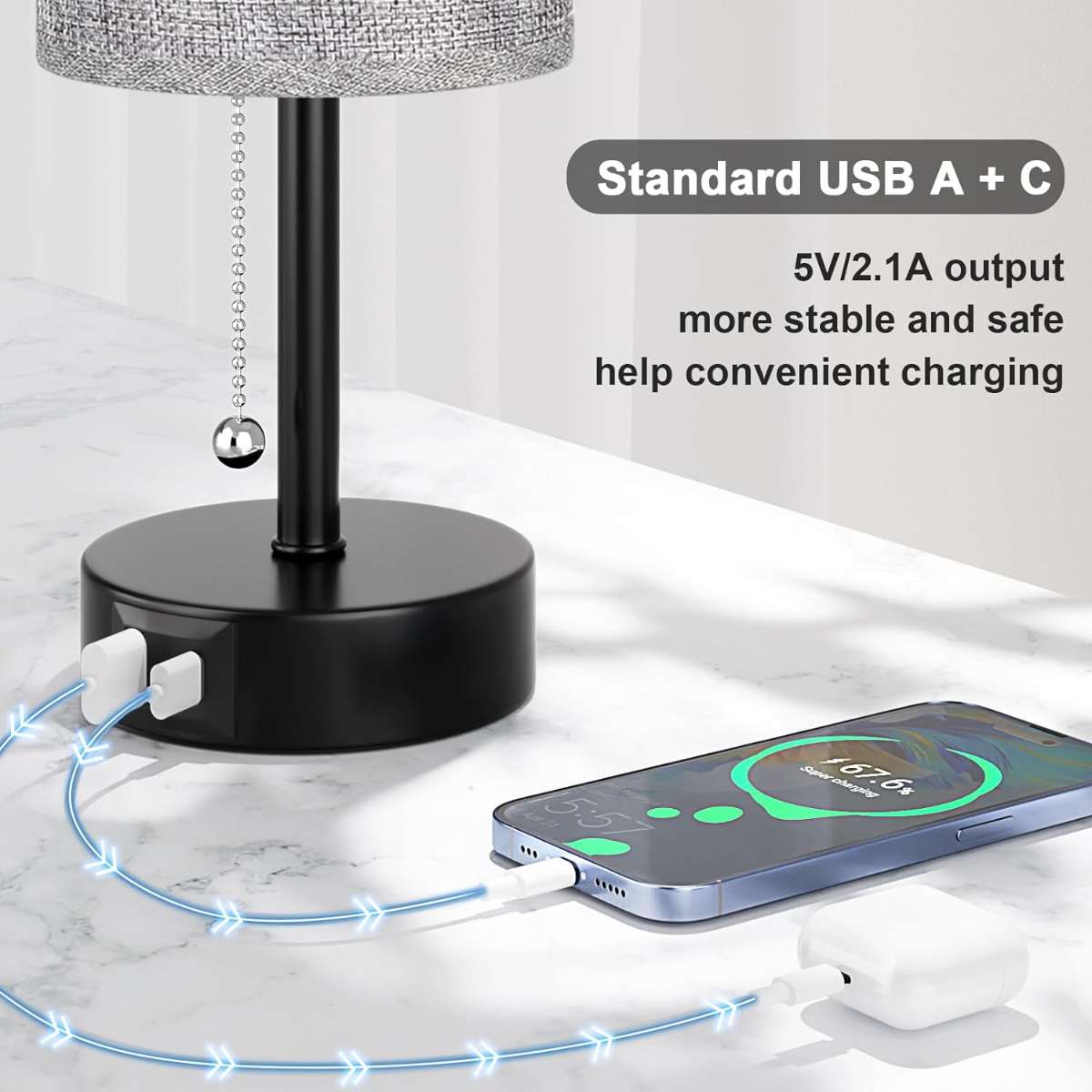 Bedroom bedside table grey bedside lamp with USB A + C charging port