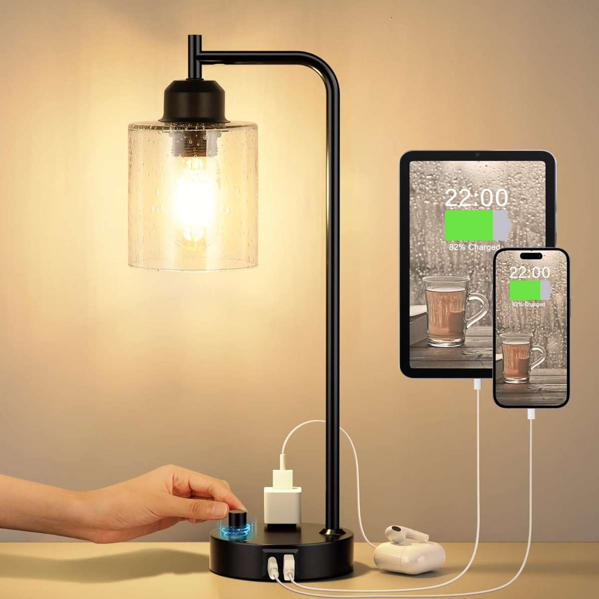 Industrial bedside table lamp for bedroom - Bedside table lamp with USB C charging port