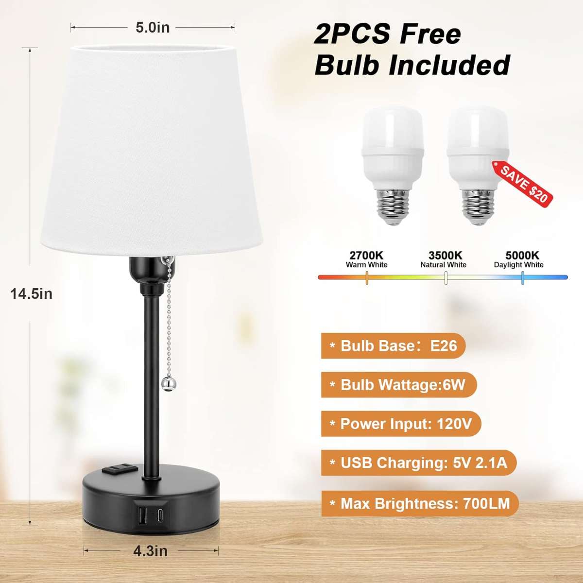 Bedroom bedside lamp, set of 2 with 3 color modes