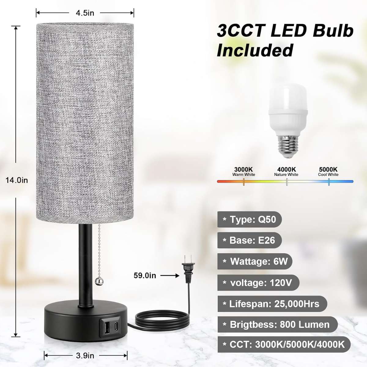 Bedroom bedside table grey bedside lamp with USB A + C charging port