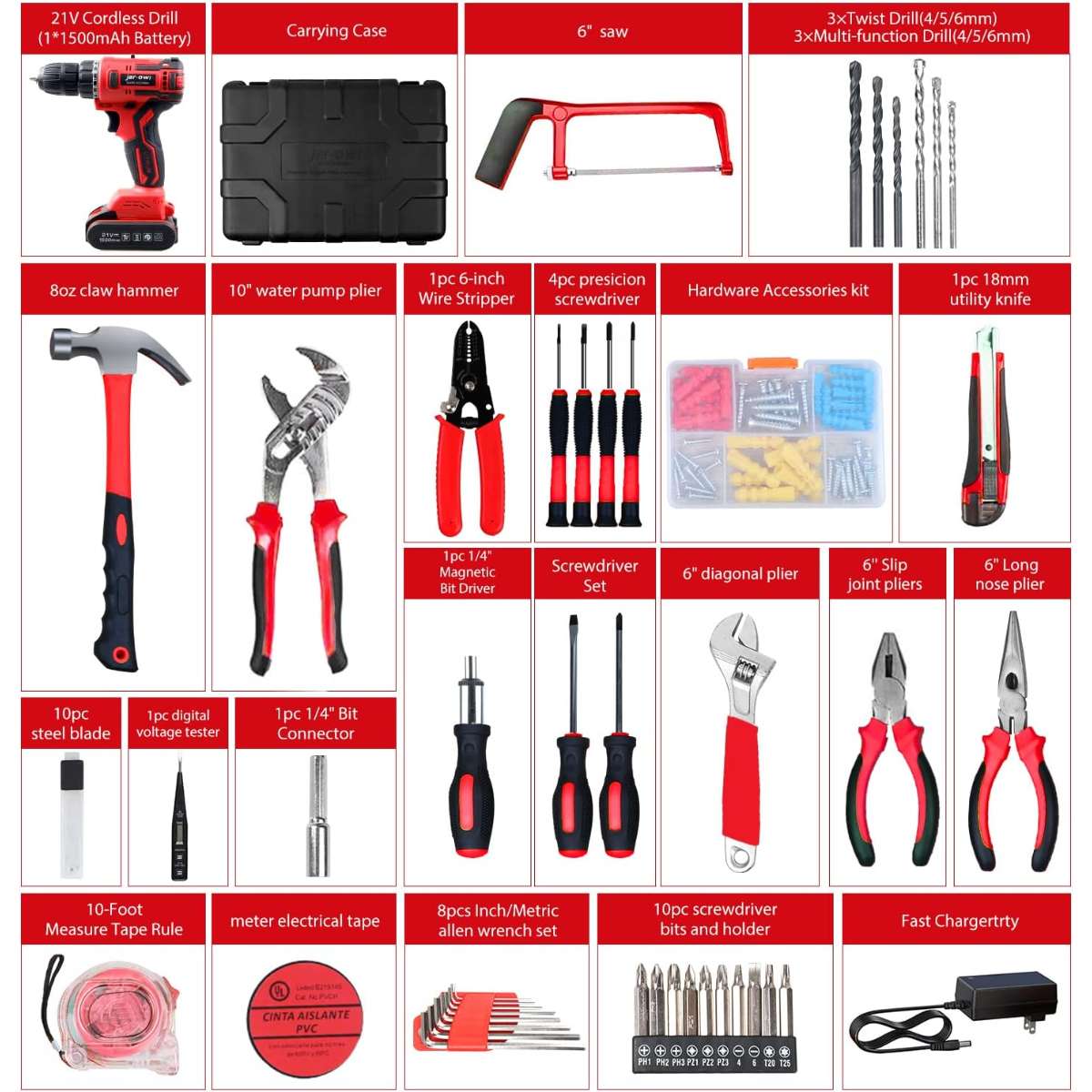 jar-owl 21V Max Cordless Drill/Driver Kit, red