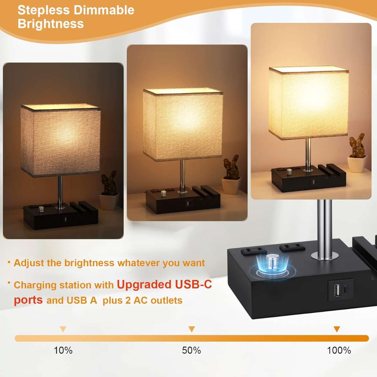 Kakanuo bedroom with USB C port fully dimmable bedside table lamp