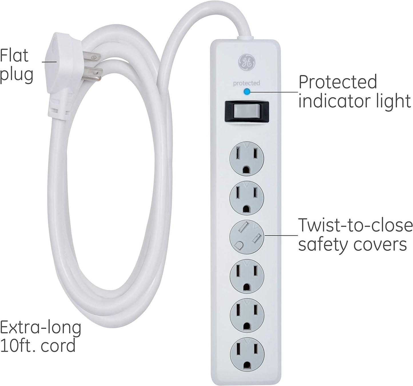 GE 6 Socket Surge Protector, White, 14092