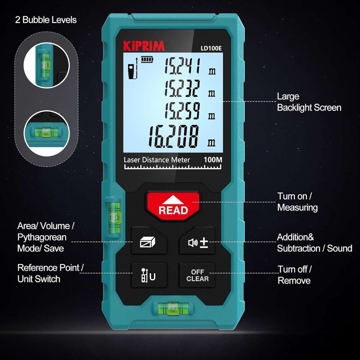 Kiprim Laser Ranging 165ft LD50E Laser Tape Measure, Bubble Level