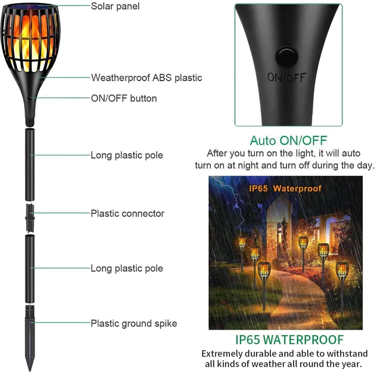 Solar Lights Outdoor, 43 Inch Flashlight Flame Flashlight Solar Garden Lights, Set of 4