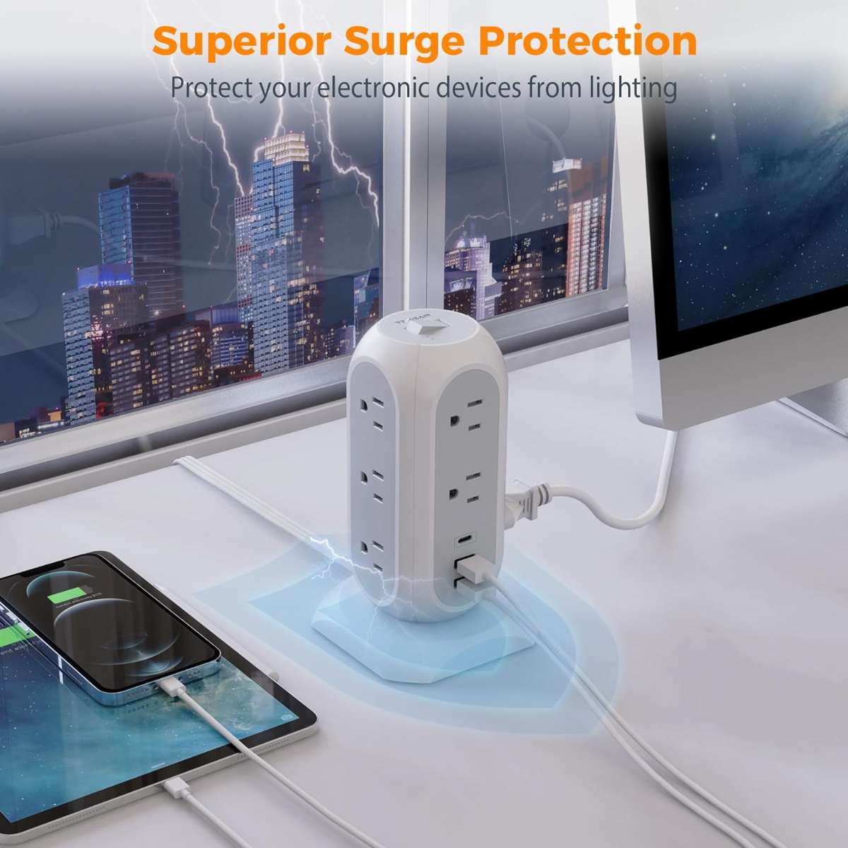 Tower Power Strip Flat Plug with 11 Sockets 3 USB