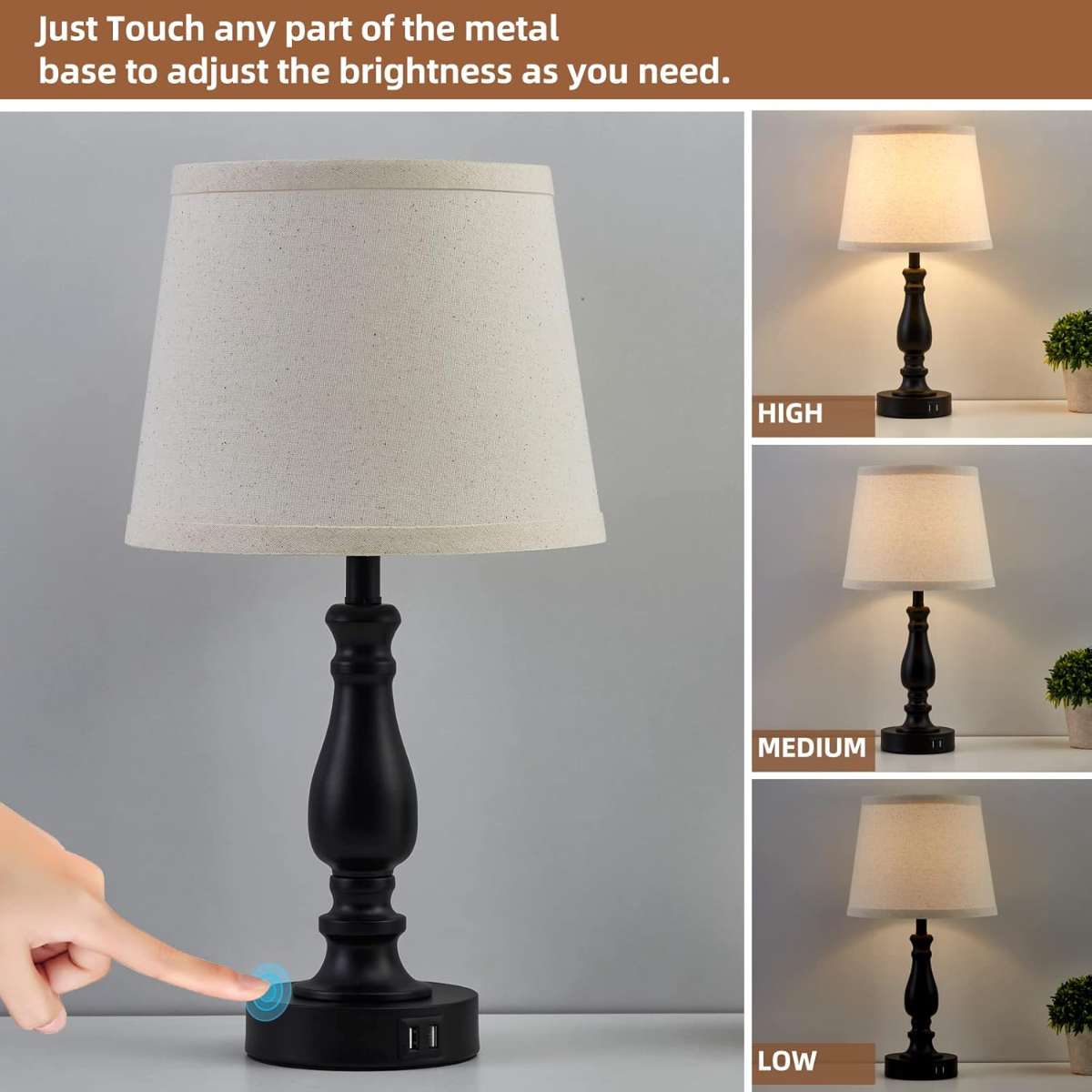 Bedroom light 2-piece set, touch bedside table lamp with USB port
