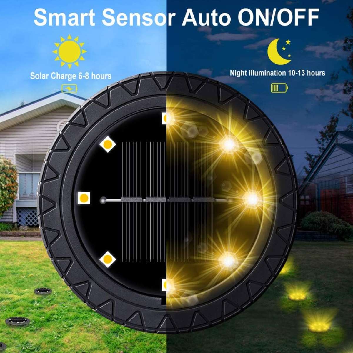 Solar Floor Light 8-Pack, IP68 Waterproof Outdoor LED Disc Light, (Warm White)
