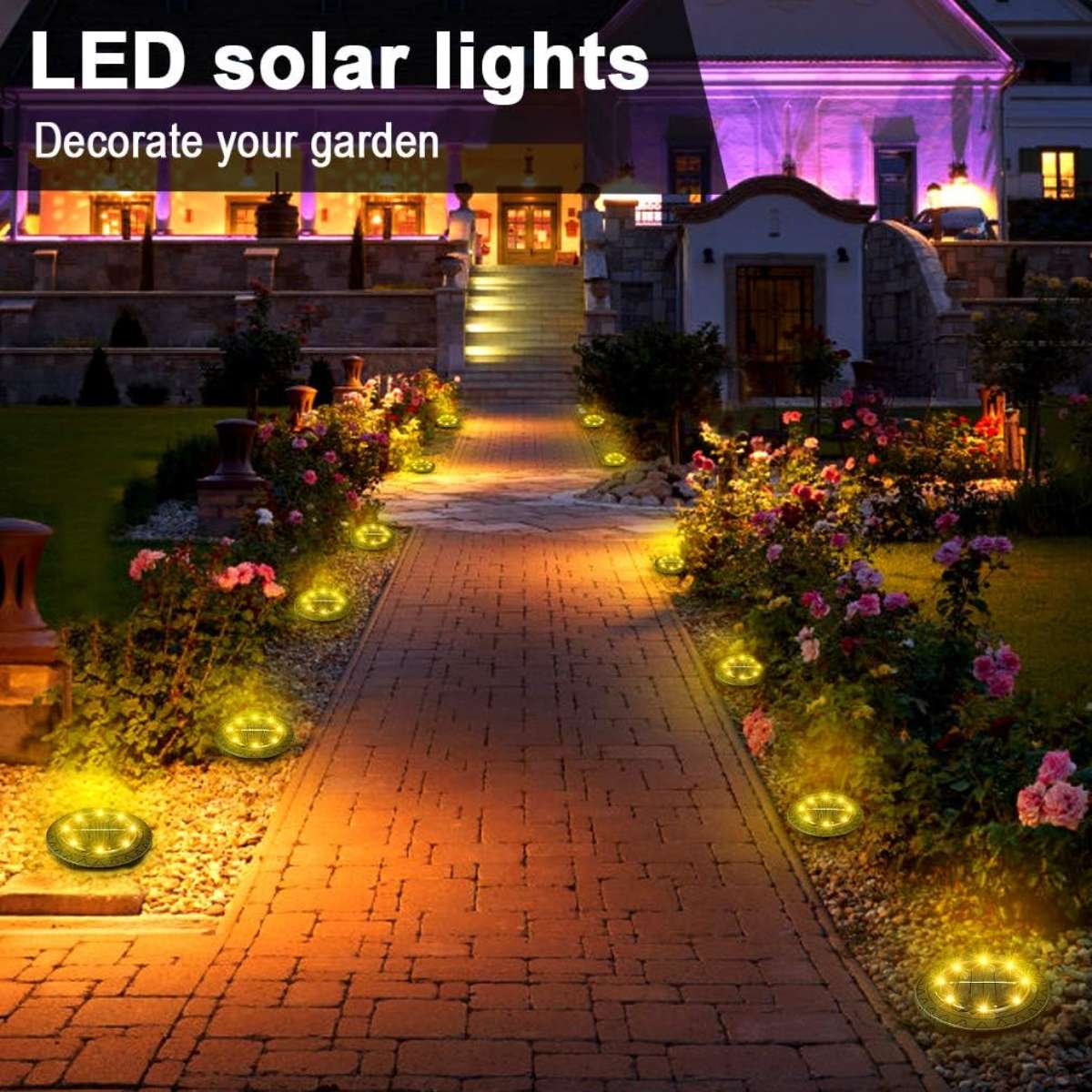 Solar Floor Light 8-Pack, IP68 Waterproof Outdoor LED Disc Light, (Warm White)