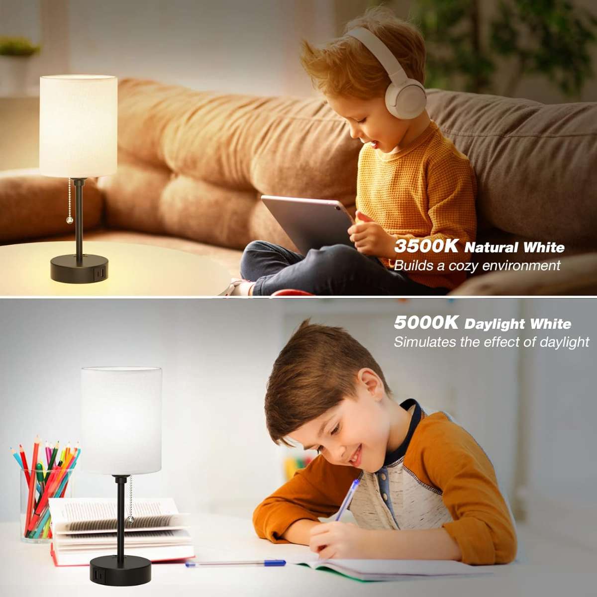 Small bedroom light with USB C and A ports 3 color temperatures