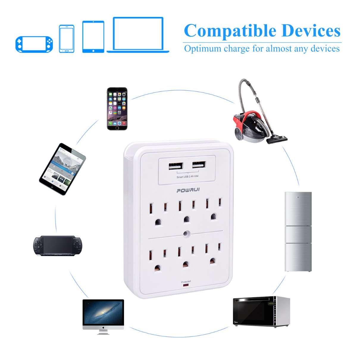 POWRUI Surge Protector, White, ETL Listed